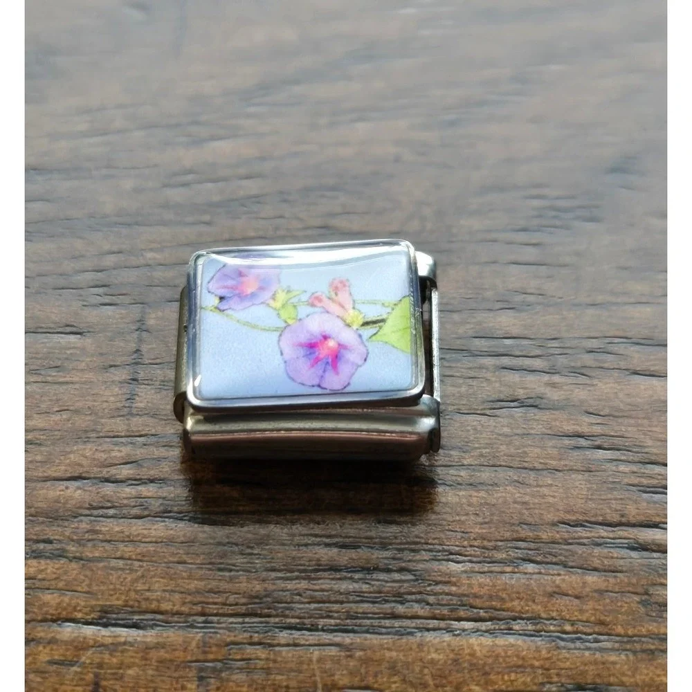Purple Morning Glory Flower Italian Charm Stainless Steel 9mm Bracelet Link